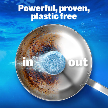 Stainless steel pan with cleaning product on a blue background, text 'Powerful, proven, plastic free in out'.