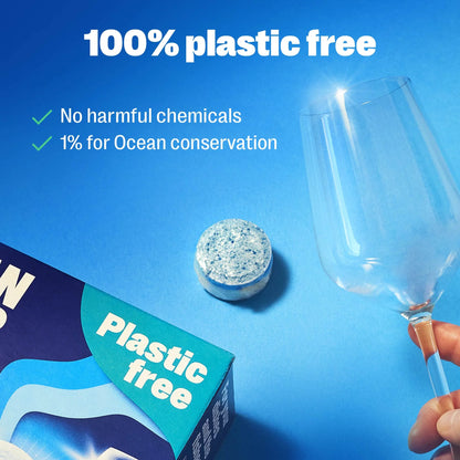 Plastic-free product packaging with a clear glass and blue background