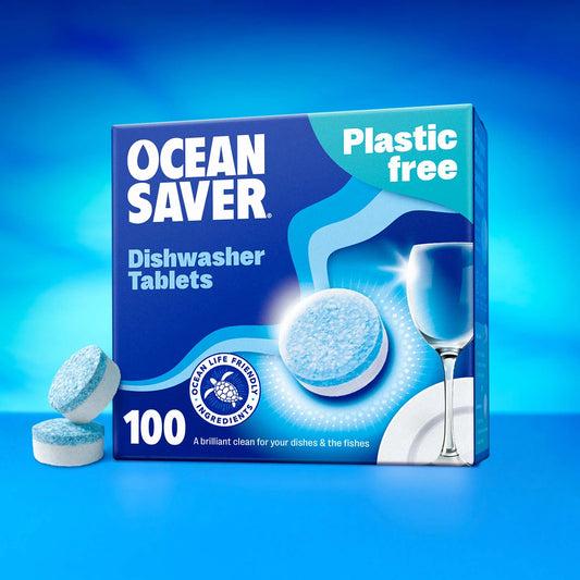 Box of Ocean Saver dishwasher tablets with a blue background